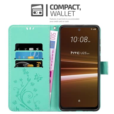 HTC U23 PRO Pungetui Cover Blomster (Turkis)