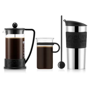 Bodum BRAZIL kaffebrygger, 3 kop, 0.35 l, TRAVEL MUG rejsekrus 0.35 l, kaffeglas 0.3 l og røreske 20 cm COFFEE SET 0.35 L