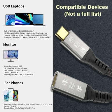 NÖRDIC 1m Thunderbolt 4 forlængerkabel, USB-C han til hun, 240W hurtigopladning, 40Gbps, 8K 60Hz