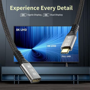 NÖRDIC 0,5m Thunderbolt 4 forlængerkabel, USB-C han til hun, 240W hurtig opladning, 40Gbps, 8K 60Hz