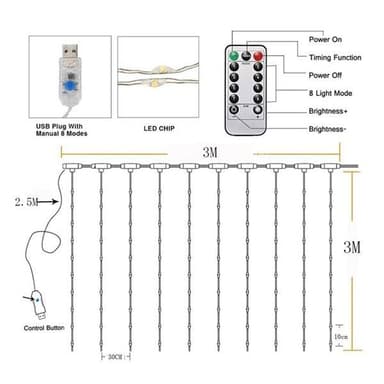 LED-gardin 3 x 3 meter - Farve