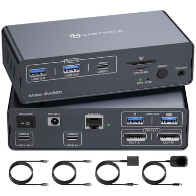 NÖRDIC USB-C Dockingstation med KVM-switch 2 PC 2 skærme 4K120Hz DP Gigabit Ethernet, kortlæser, 4xUSB-A og USB-C