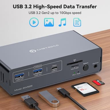 NÖRDIC USB-C Dockingstation med KVM-switch 2 PC 2 skærme 4K120Hz DP Gigabit Ethernet, kortlæser, 4xUSB-A og USB-C