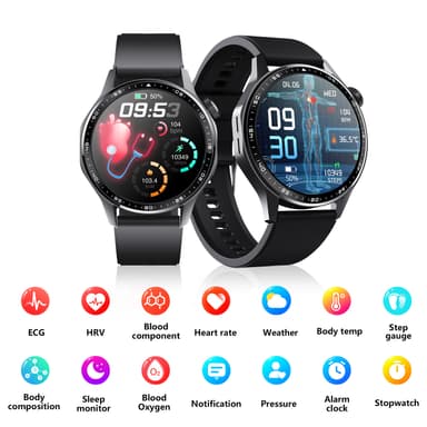 Smartwatch med EKG, pulsmåler, blodtryksmåler og skridttæller Sort rem med tre perler