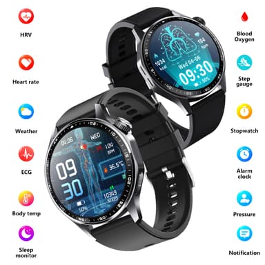 Smartwatch med EKG, pulsmåler, blodtryksmåler og skridttæller Sort grå silikone