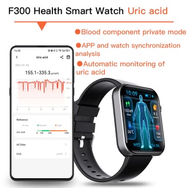 Smartwatch med pulsmåler, blodtryksmåler, blodoxymeter, skridttæller Black Bamboo Edition rem