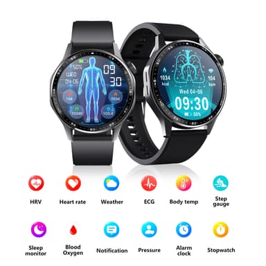 Smartwatch med EKG, pulsmåler, blodtryksmåler og skridttæller Sort rem med tre perler