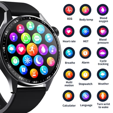 Smartwatch med EKG, pulsmåler, blodtryksmåler og skridttæller Sort og brun læderrem