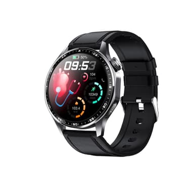 Smartwatch med EKG, pulsmåler, blodtryksmåler og skridttæller Sort læderrem