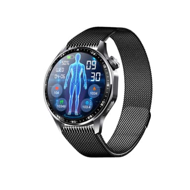 Smartwatch med EKG, pulsmåler, blodtryksmåler og skridttæller Sort Milanese rem