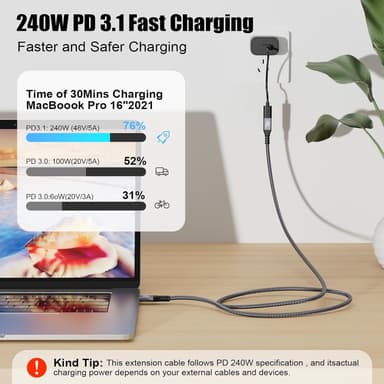 NÖRDIC 1m USB3.2 Gen2 20Gbps USB-C til C nylonflettet forlænger kabel med Power Delivery 240W 4K60Hz