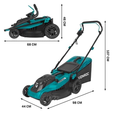VONROC Plæneklipper 1600W – 38 cm | Inkl. 42L Opsamler