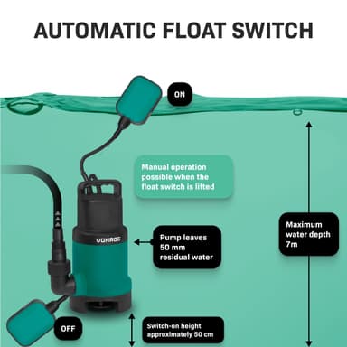 VONROC Dykpumpe - pumpe - 750W | 14000l/h - med flyder | max dybde på 7,5 m. | Snavset og rent vand