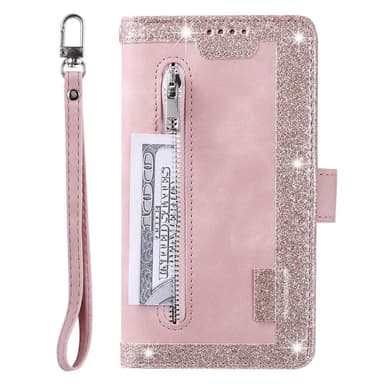 Til Google Pixel 9A Etui med Lynlåslomme og 9 Kortlommer – RoseGold