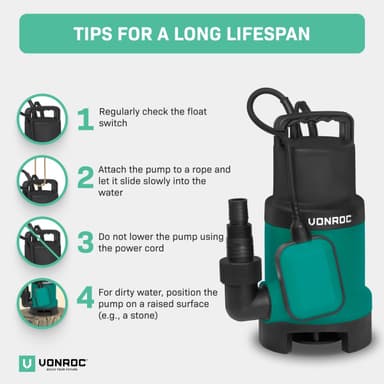VONROC Dykpumpe - pumpe - 750W | 14000l/h - med flyder | max dybde på 7,5 m. | Snavset og rent vand