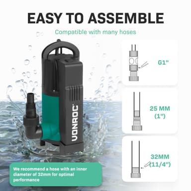 VONROC Dykpumpe - Pumpe - 750W | 14000 l/h - Integreret flyder | max dybde på 7,5 m. | Snavset og rent vand