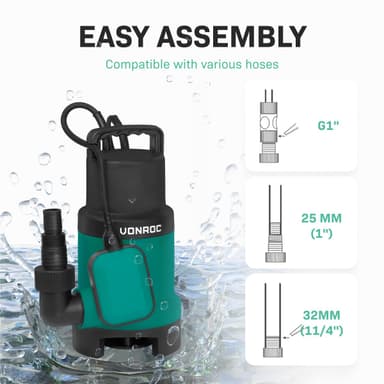 VONROC Dykpumpe - pumpe - 750W | 14000l/h - med flyder | max dybde på 7,5 m. | Snavset og rent vand