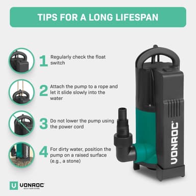 VONROC Dykpumpe - Pumpe - 750W | 14000 l/h - Integreret flyder | max dybde på 7,5 m. | Snavset og rent vand