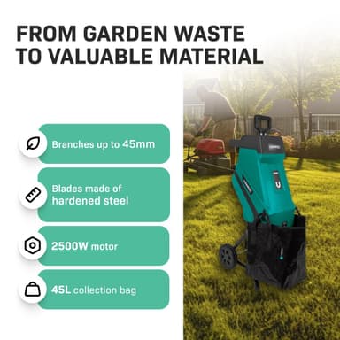 VONROC Kompostkværn 2500W - Til grene op til Ø45mm | Inkl. 45L opsamlingspose