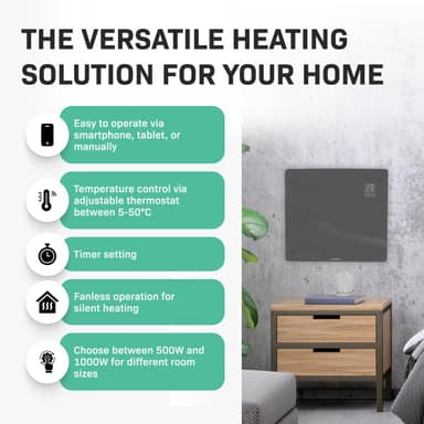 VONROC Radiator - Elradiator - Glas - Luksus - 1000W | WIFI | Grå