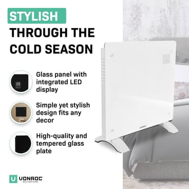 VONROC Radiator - Elradiator - Glas - Luksus - 1000W | WIFI | Hvid