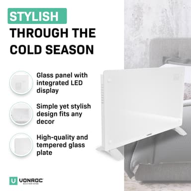 VONROC Radiator - Elradiator - Glas - Luksus - 2000W | WIFI | Hvid