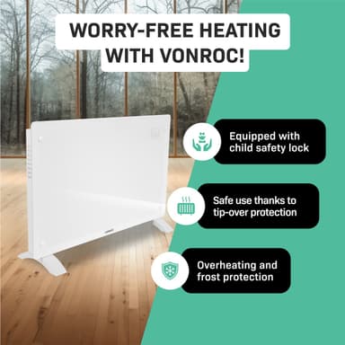 VONROC Radiator - Elradiator - Glas - Luksus - 2000W | WIFI | Hvid