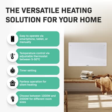 VONROC Radiator - Elradiator - Glas - Luksus - 2000W | WIFI | Hvid