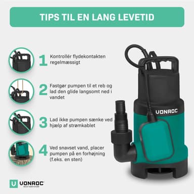 VONROC Dykpumpe - pumpe - 900W - 16000l/h | Til snavset og rent vand