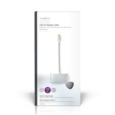 Nedis USB Multi-Port Adapter | 3-in-1 | USB 3.2 Gen 1 | USB-C™ Han | USB-A Hun / USB-C™ Hun / VGA Hun | 5 Gbps | 0.20 m | Runde | Guldplateret | Flettet / Nylon | Sølv | Cover Window Box