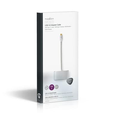 Nedis USB Multi-Port Adapter | 3-in-1 | USB 3.2 Gen 1 | USB-C™ Han | USB-A Hun / USB-C™ Hun / VGA Hun | 5 Gbps | 0.20 m | Runde | Guldplateret | Flettet / Nylon | Sølv | Cover Window Box