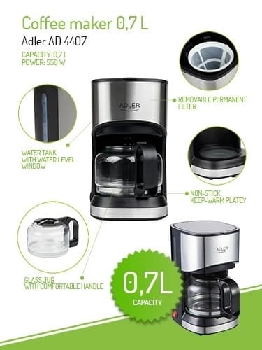 Adler kaffemaskine, 0,7 liter