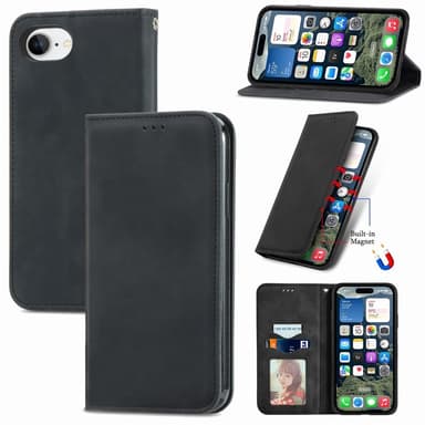 Til iPhone 16e cover med kortholder magnetisk absorberende telefoncover - Sort