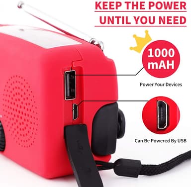 Vejradio med LED-lys - FM-radio, Solar, USB, Rød