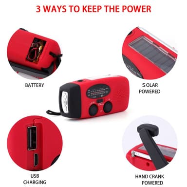 Vejradio med LED-lys - FM-radio, Solar, USB, Rød