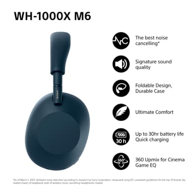 Sony WH-1000XM6 trådløse around-ear høretelefoner (midnight blue)