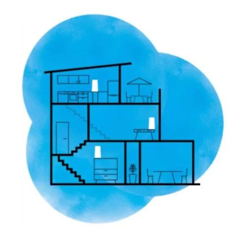 Blå illustration af mesh-netværk i hus