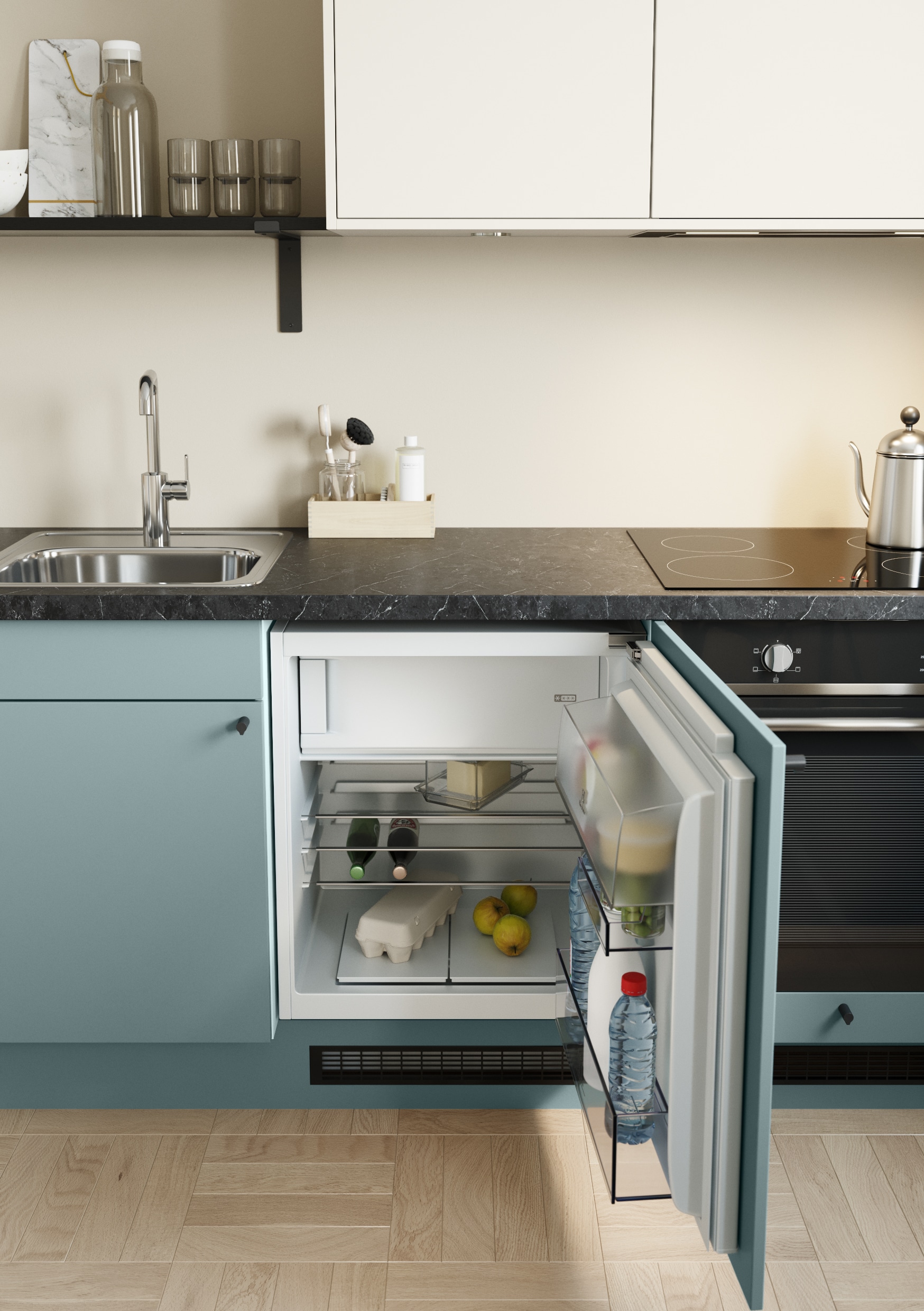 Lille køleskab i køkken-alrum fra Epoq: Køkkenserien Trend i farverne Petrol og Warm White 