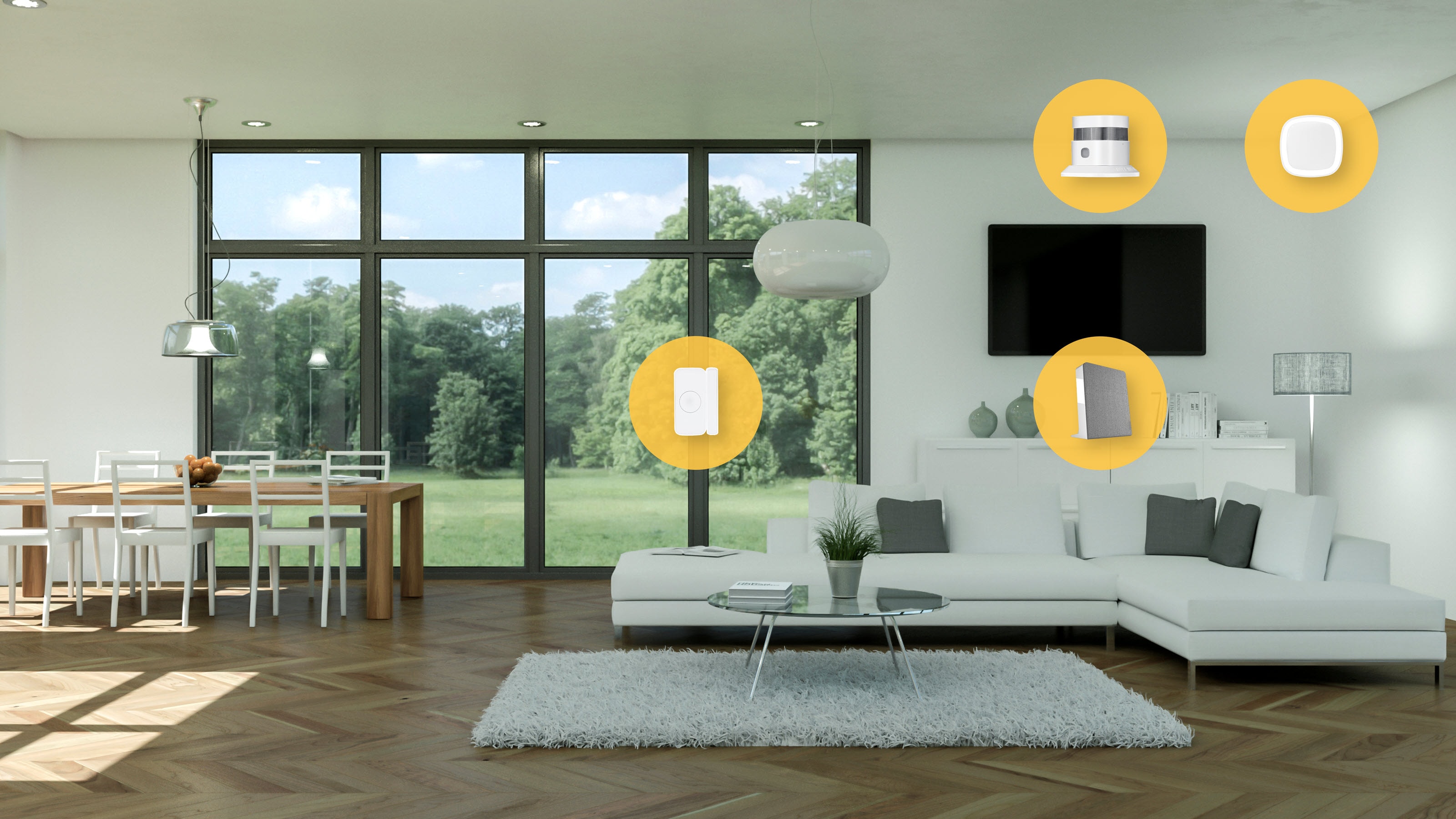 En moderne stue med smart hjem symboler