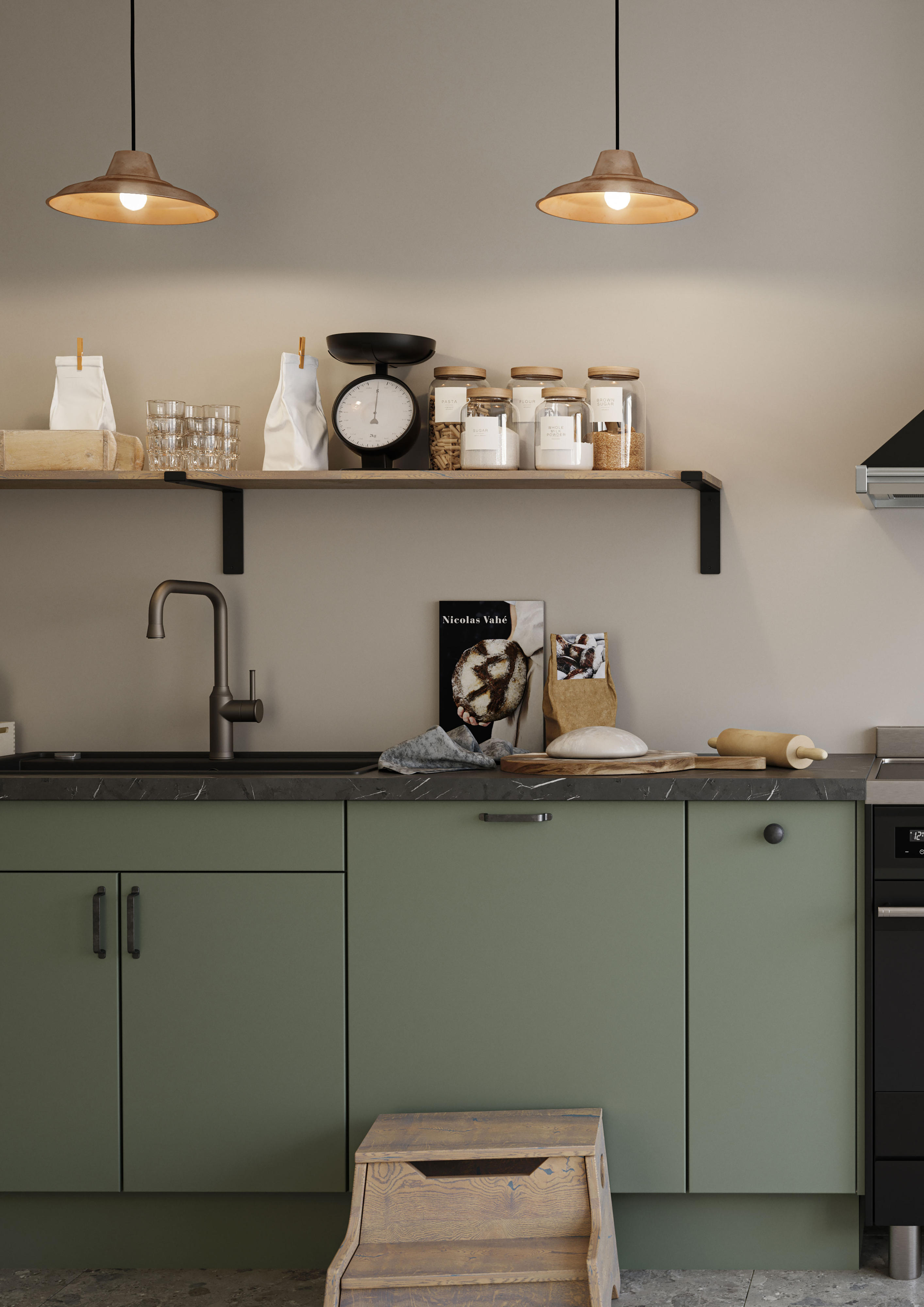 Grønt Epoq Trend Sage køkken med sort vask og bordplade