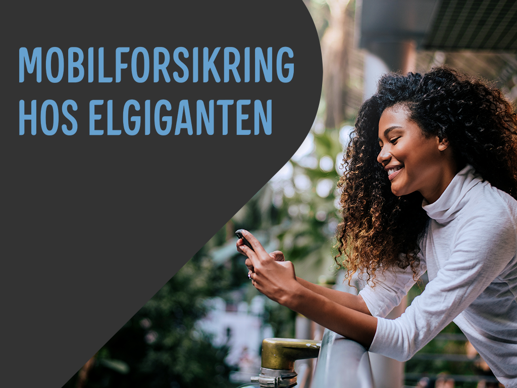 Mobilforsikring-banner: Kvinde sidder med mobiltelefon udenfor