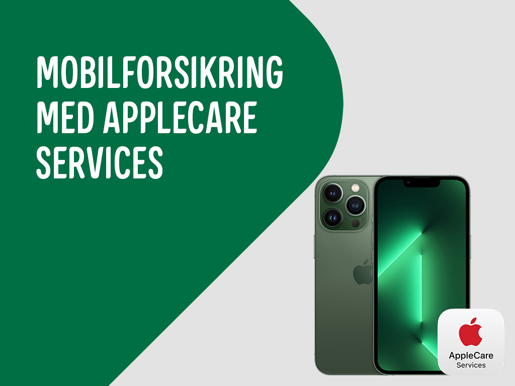 iPhone 13 Pro på banner med teksten: Mobilforsikring med AppleCare Services