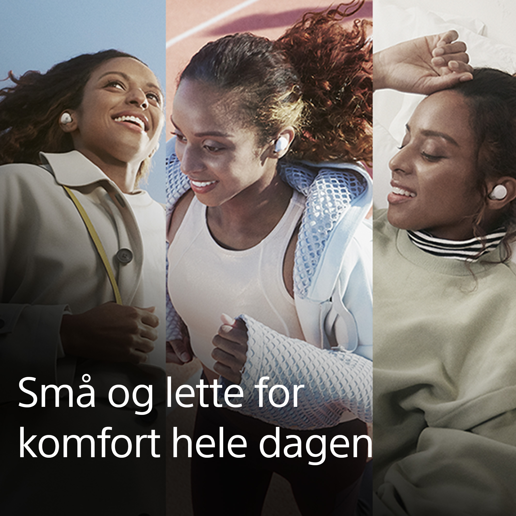 Tre kvinder med LinkBuds og tekst om komfort