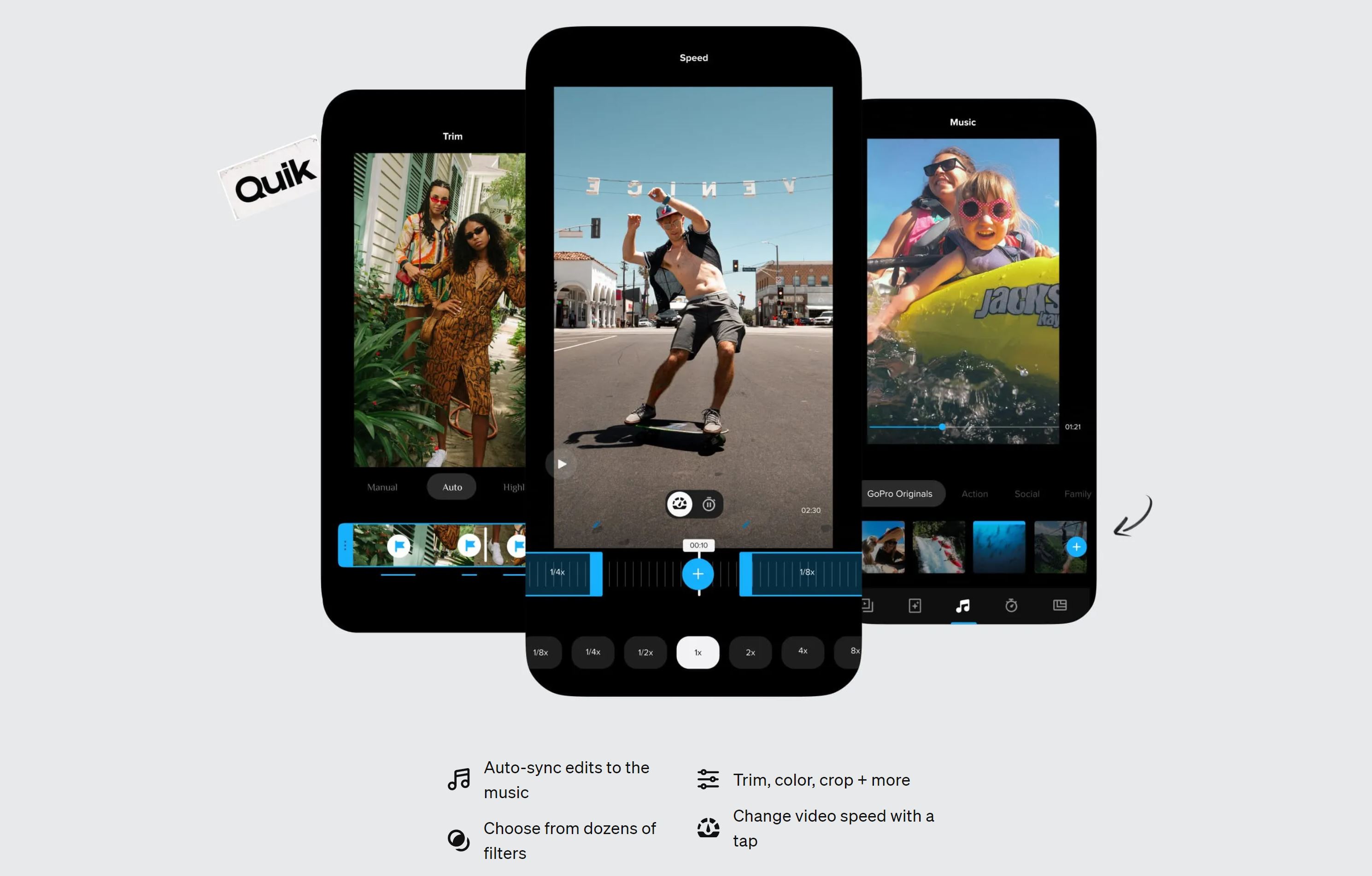 Sammenligning af tre telefoner med Quik app