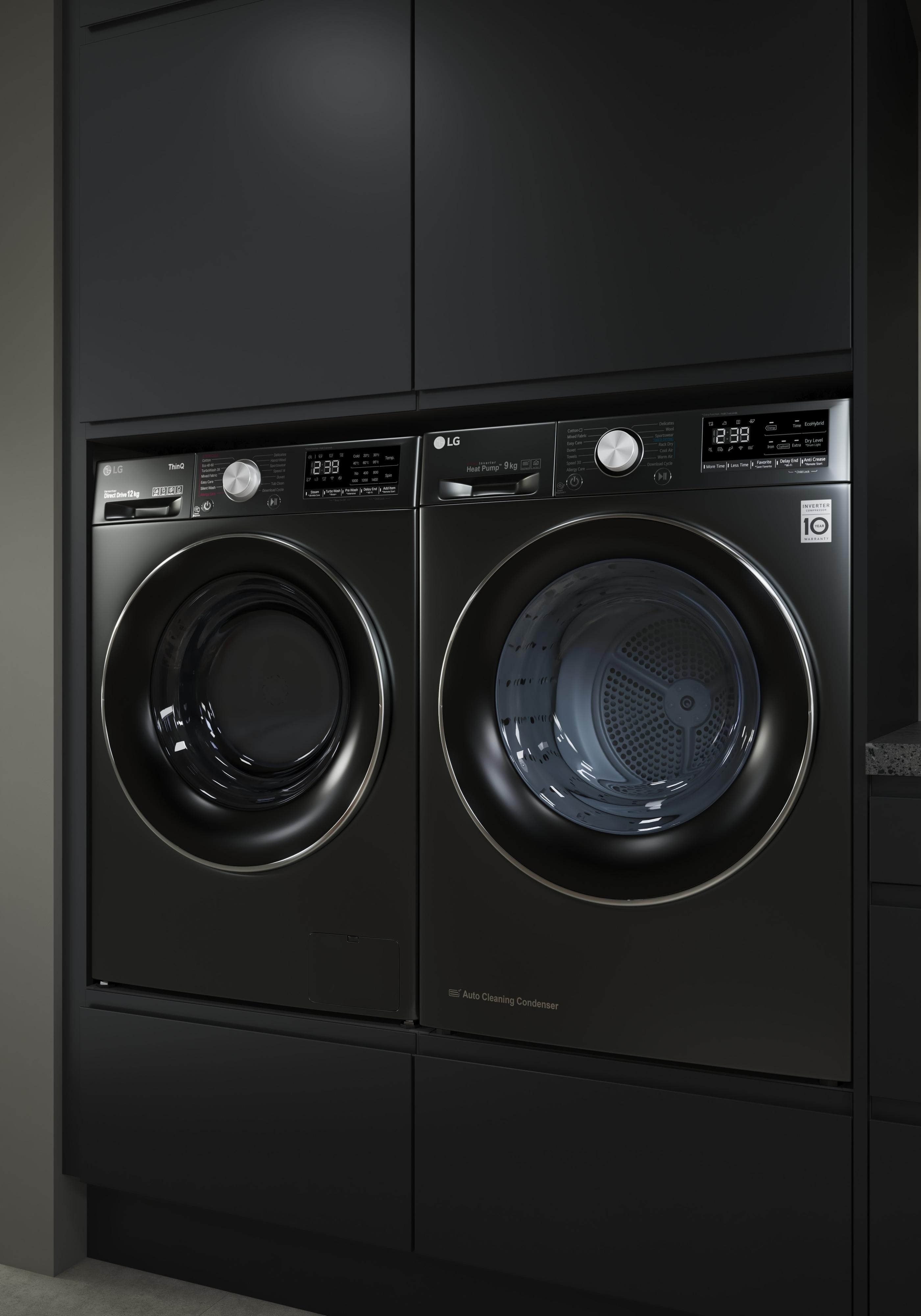 Bryggers fra Epoq i serien Integra Black med en vaskemaskine og tørretumbler fra LG