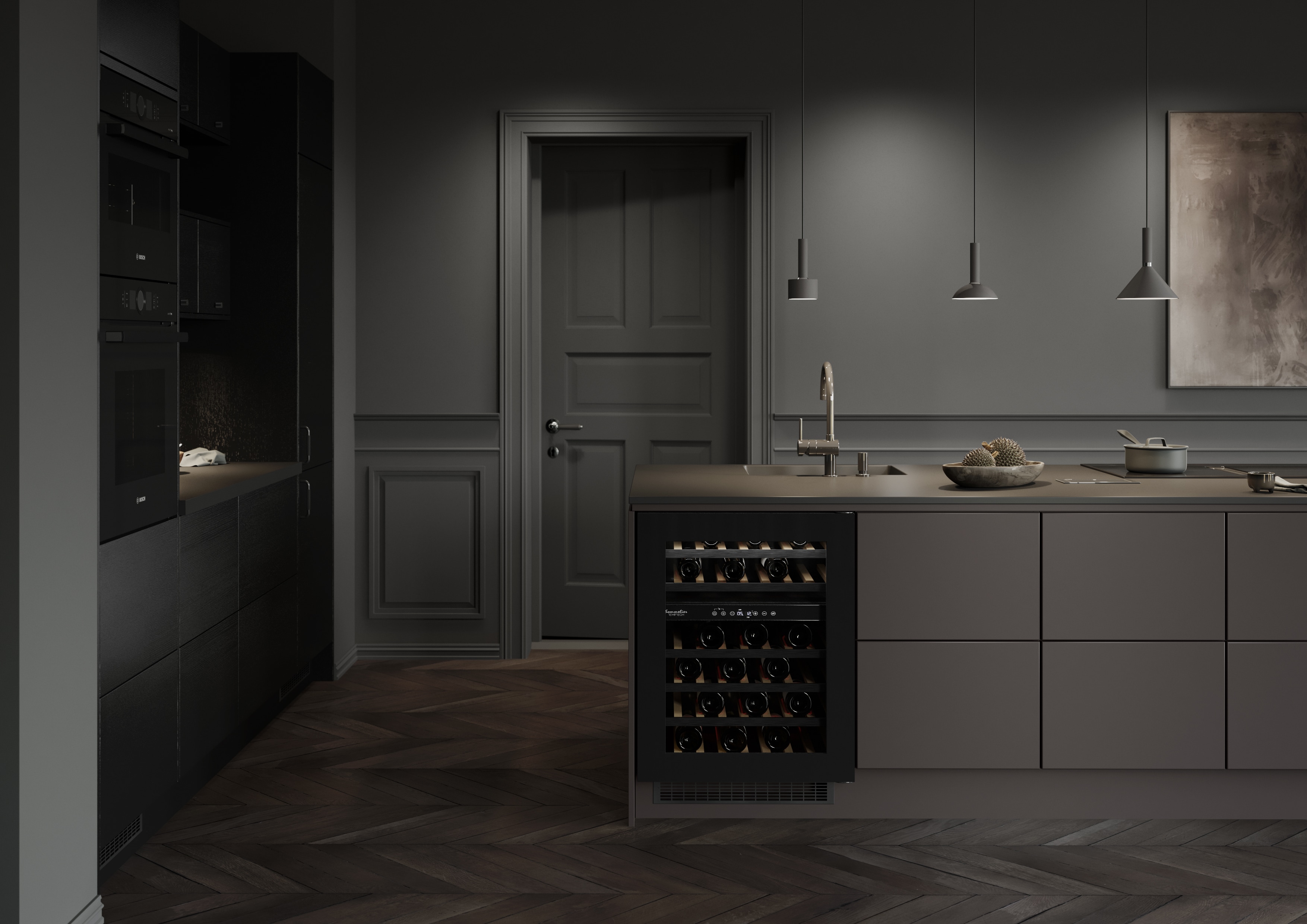 Svanemærket køkken med køkkenø med vinkøleskab fra Epoq i køkkenserien Trend Umber og Edge-fronter i mørkt asketræ