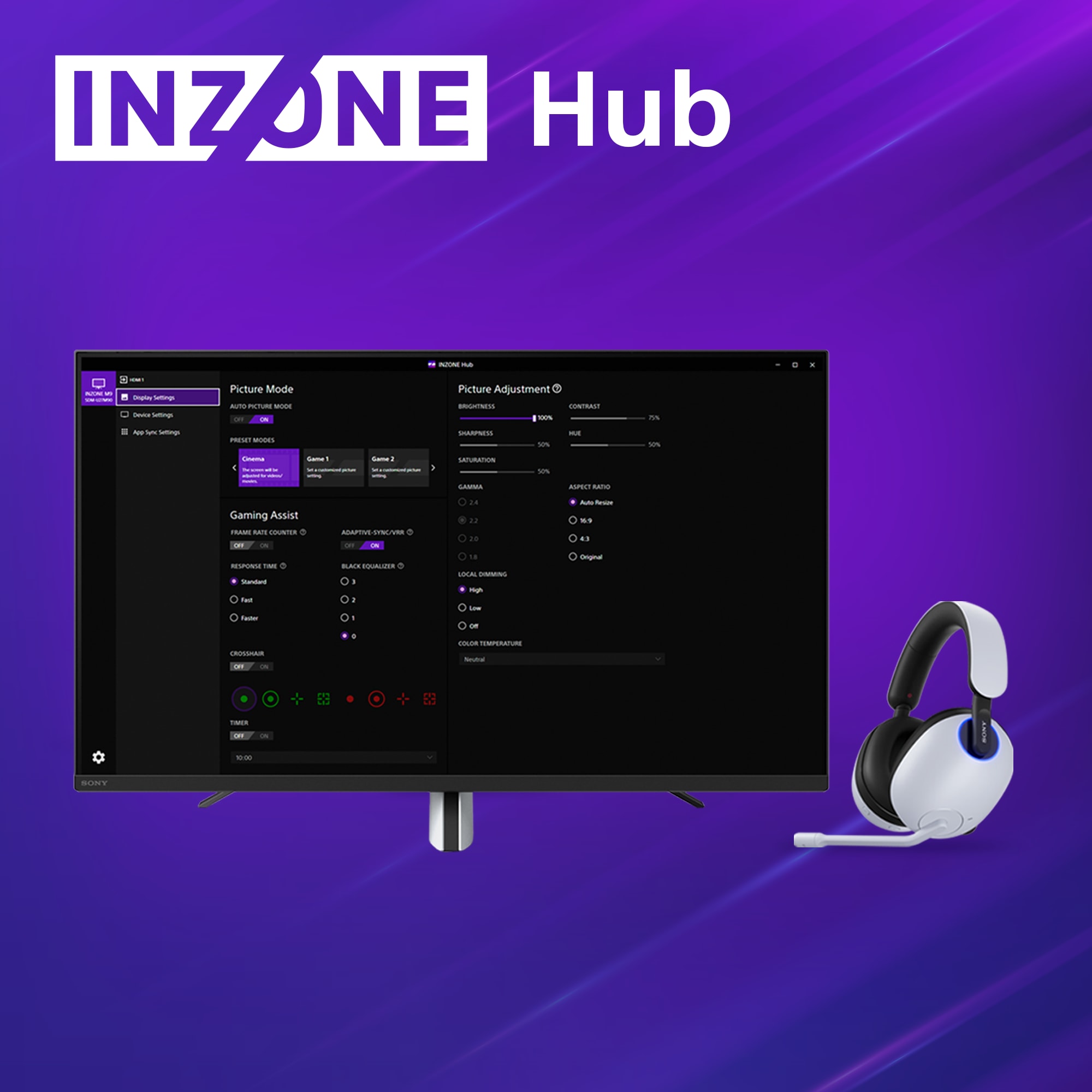 Sony Inzone HUB, gaming headset og skærm på en blå og lilla baggrund