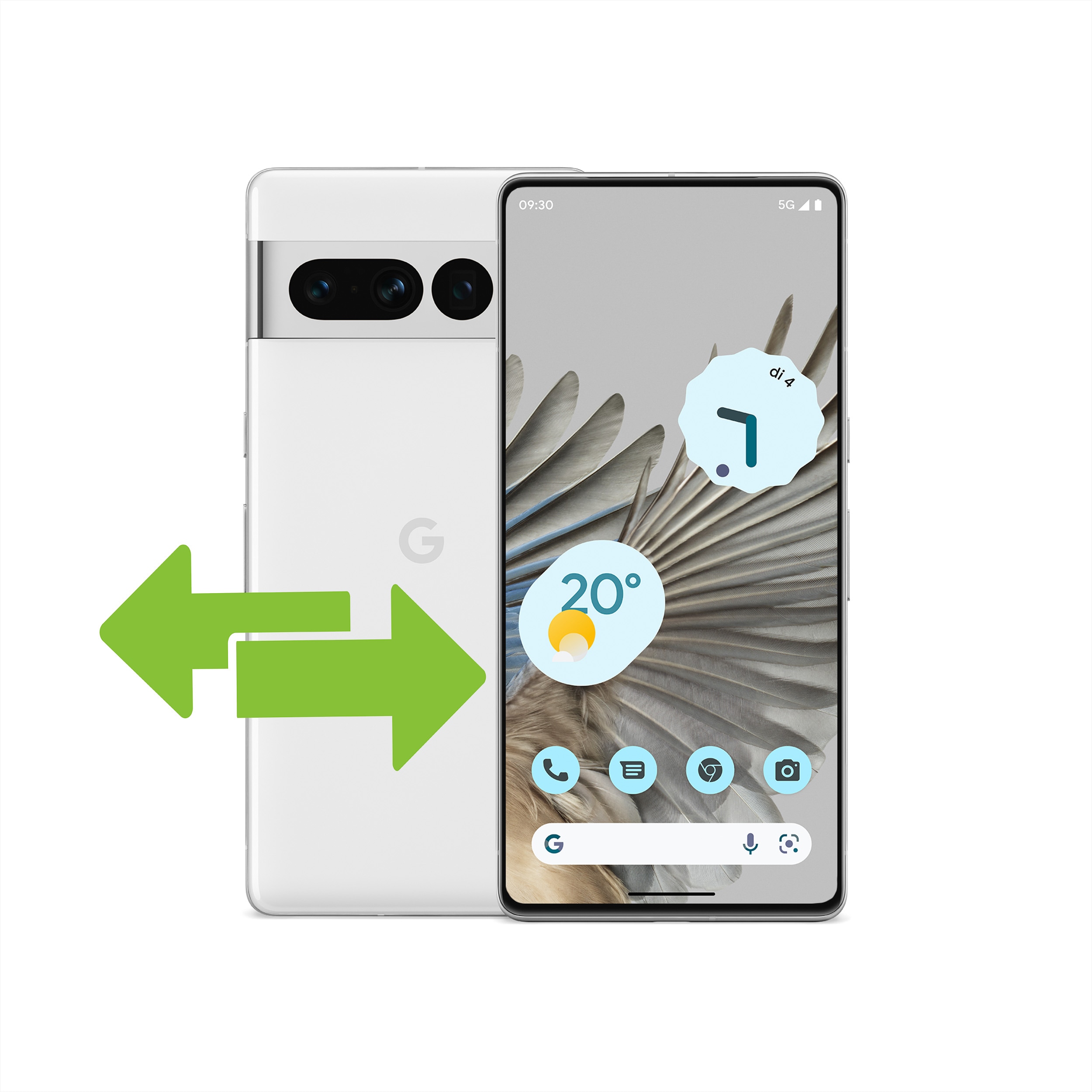 Illustration af to telefoner, der illustrerer skiftet fra én Android-telefon til en Pixel