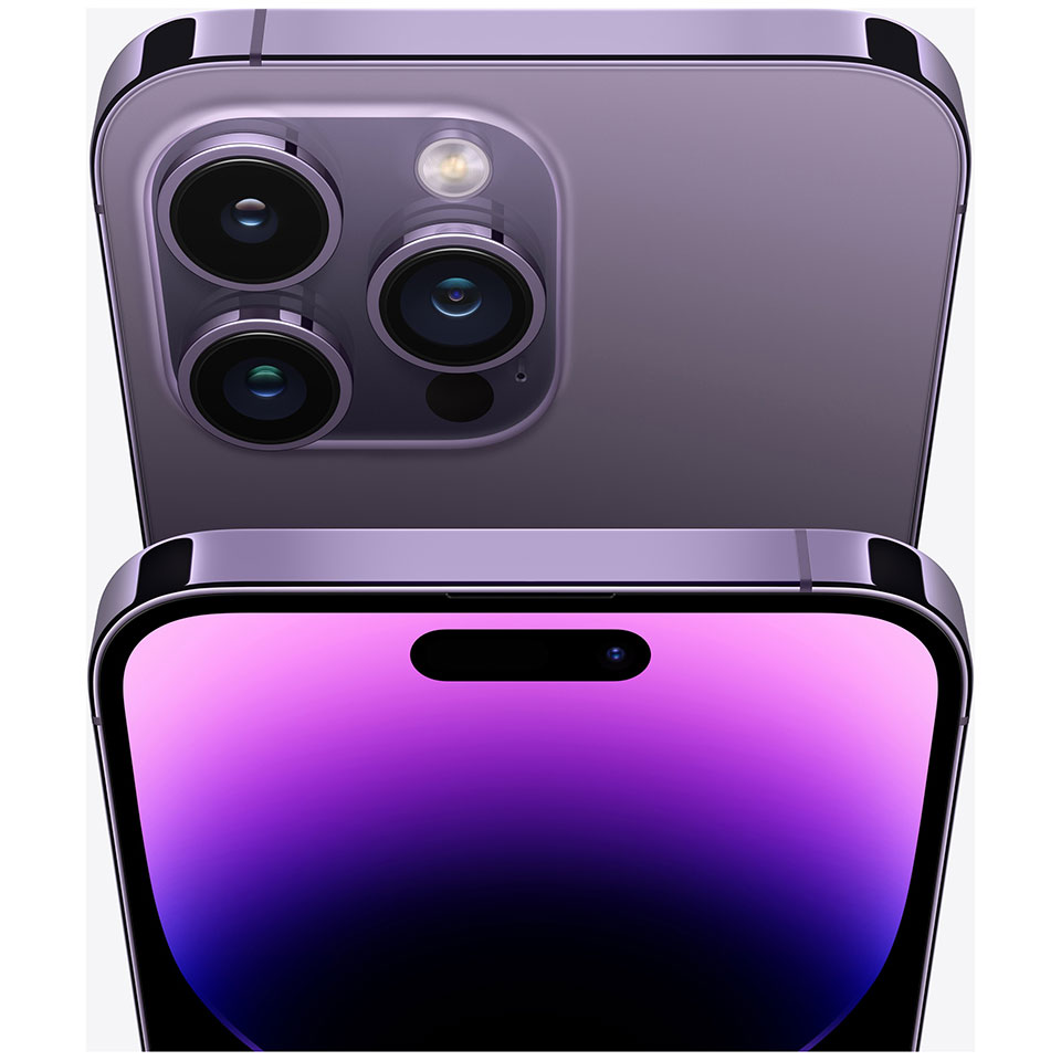 iPhone 14 Pro Max-modeller i farven deep purple og med fokus på kamerasystemet og skærmen
