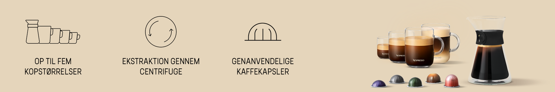 Nespresso Vertuo banner med illustrationer, kaffekopper, kapsler mm.